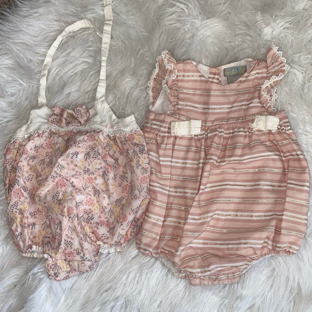 Two baby girl blush pink rompers